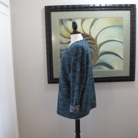 VINTAGE - WINTER SILKS - Silk Wool Blend Turquoise Full Zip Cardigan - Picture 7 of 12